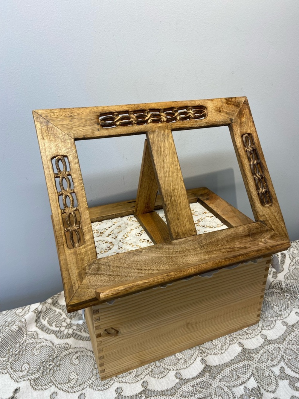Hand Carved Wooden Folding Book Bible Cookbook Stand Holder